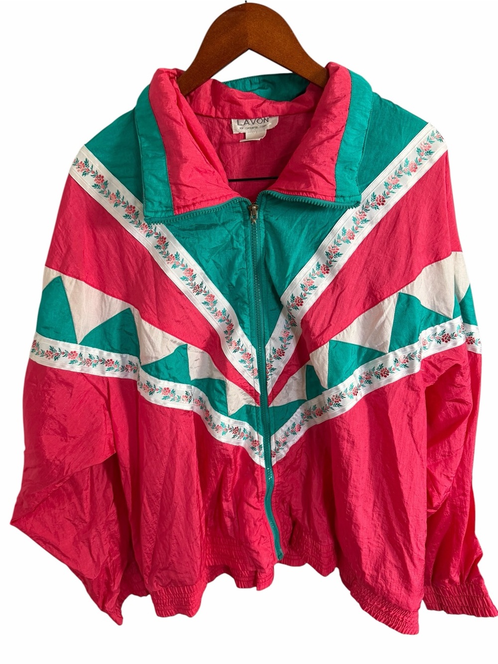 VTG Lavon Pink & Teal Retro Chevron Windbreaker Bomber Jacket